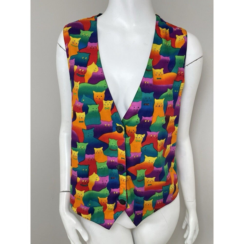 Vtg Linda Tilson Sarasota Cats Print Vest Cat Lady Artsy Artist Teacher Womens M